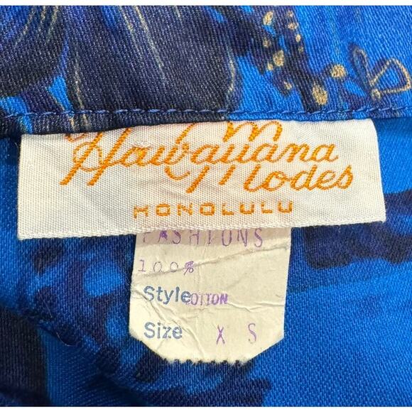 Hawaiiana Modes Honolulu XS VTG Dress Blue Gold Palm Tree Hawaiian Print Resort - Picture 7 of 9